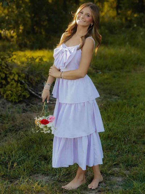 Romantic Tiered Long Prom Dress with Bow Detail BMBRIDE