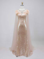 Rose Gold Tulle Cape Sequin Prom Dress with Feather Shoulders