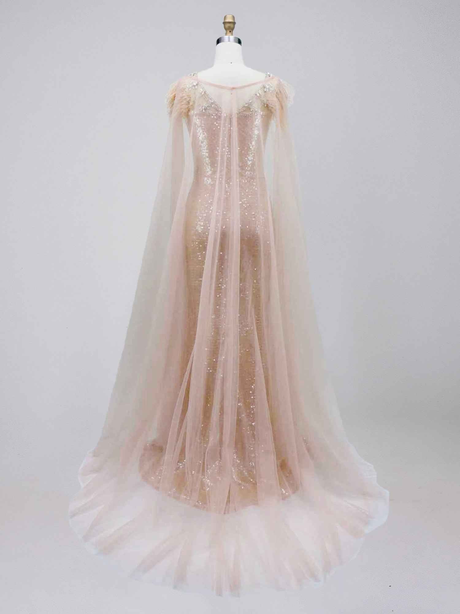 Rose Gold Tulle Cape Sequin Prom Dress with Feather Shoulders