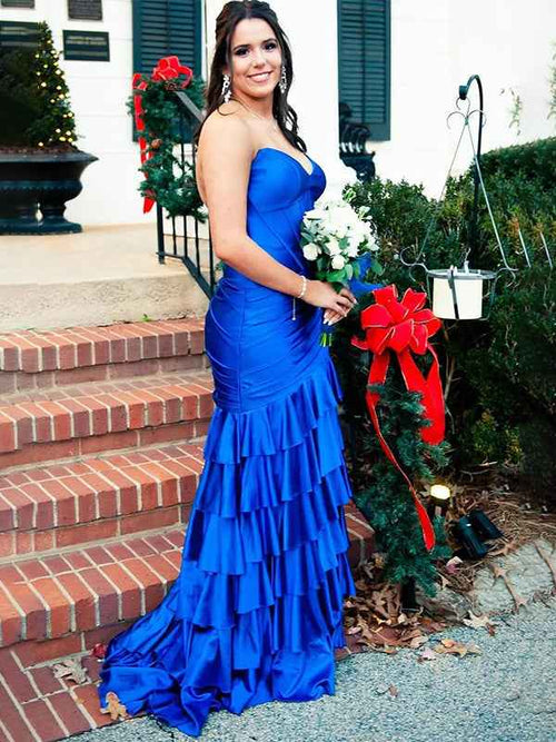 Green Mermaid Strapless Pleated Tiered Long Prom Dress with Slit BMBRIDE