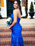 Green Mermaid Strapless Pleated Tiered Long Prom Dress with Slit