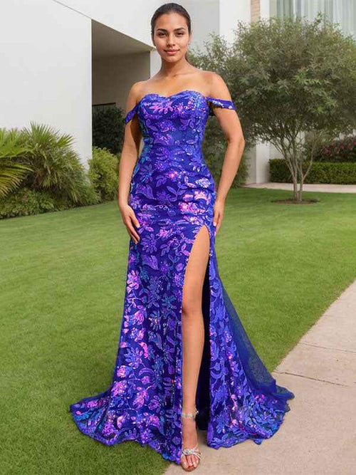 Royal Blue Sheath Off the Shoulder Long Sequined Prom Dress With Slit BMBRIDE