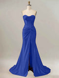 Royal Blue Mermaid Strapless Sweetheart Corset Long Prom Dress with Slit