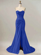 Royal Blue Mermaid Strapless Sweetheart Corset Long Prom Dress with Slit