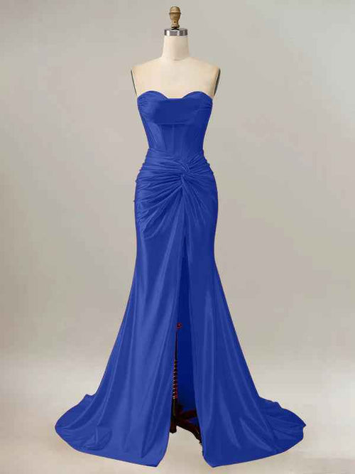 Royal Blue Mermaid Strapless Sweetheart Corset Long Prom Dress with Slit BMBRIDE