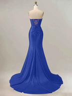 Royal Blue Mermaid Strapless Sweetheart Corset Long Prom Dress with Slit