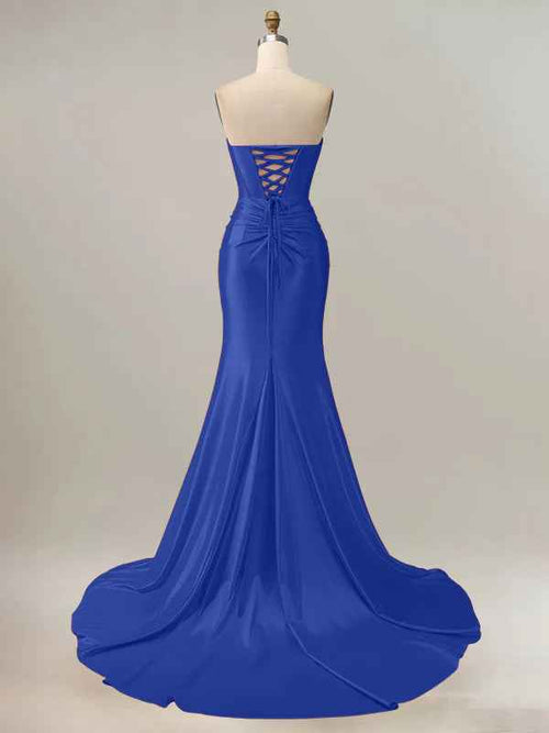 Royal Blue Mermaid Strapless Sweetheart Corset Long Prom Dress with Slit BMBRIDE