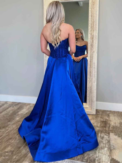 Royal Blue A-Line Strapless Pleated Satin Long Prom Dress BMBRIDE