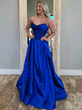 Royal Blue A-Line Strapless Pleated Satin Long Prom Dress