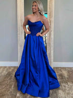 Royal Blue A-Line Strapless Pleated Satin Long Prom Dress