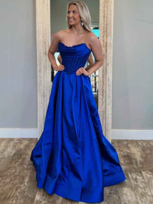 Royal Blue A-Line Strapless Pleated Satin Long Prom Dress BMBRIDE