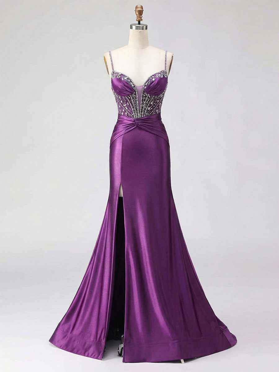 Royal Blue Beaded Corset Satin Prom Dress with High Slit