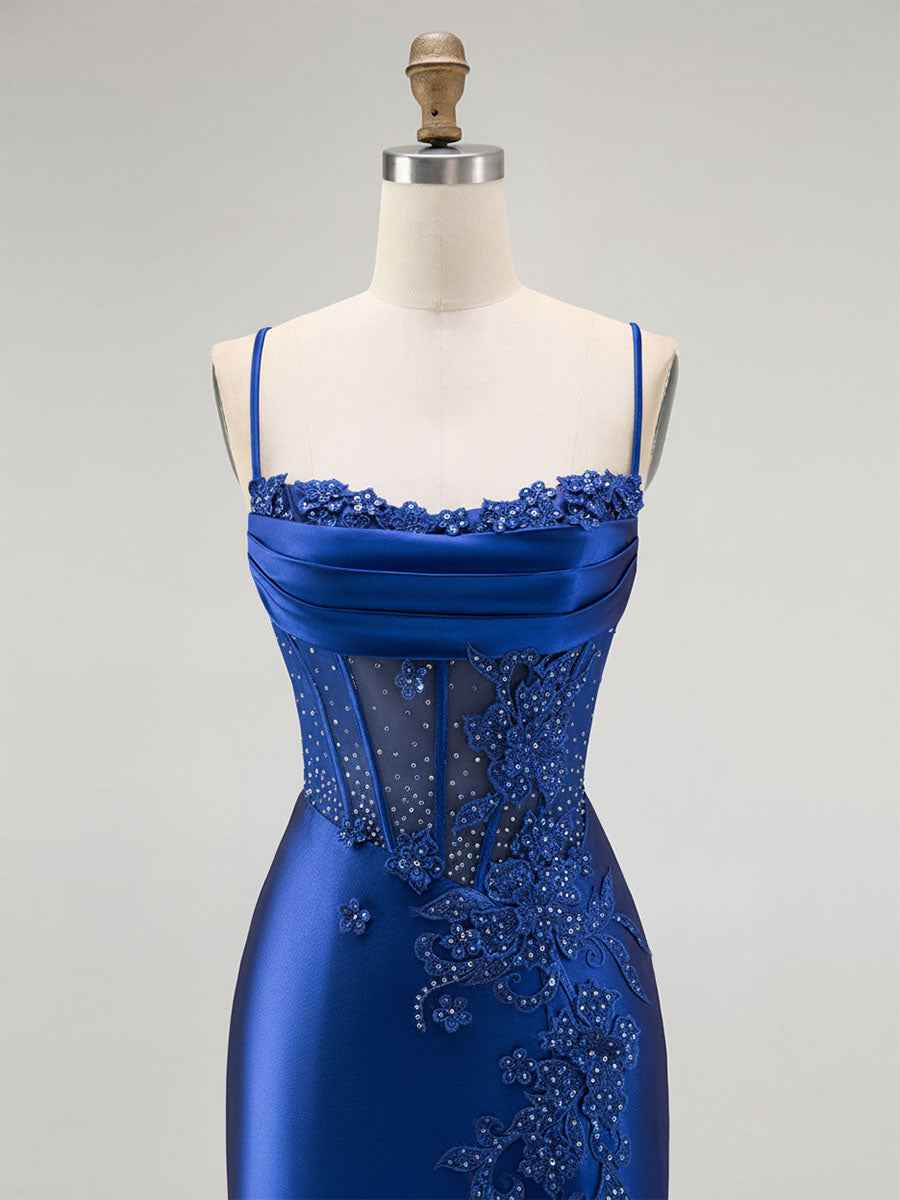 Royal Blue Mermaid Beaded Appliqued Corset Prom Dress with Slit