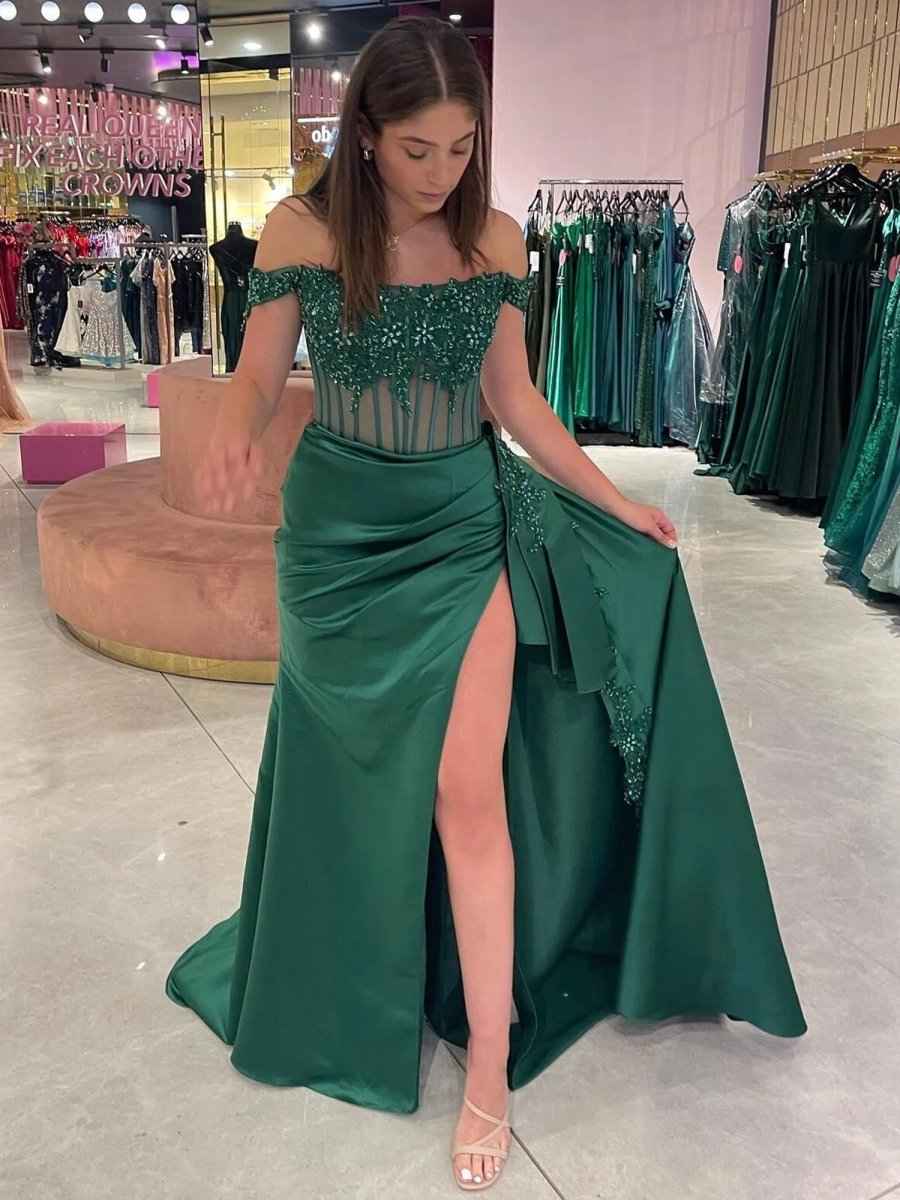 Royal Blue Off the Shoulder Satin Beaded Long Prom Dress with Appliques