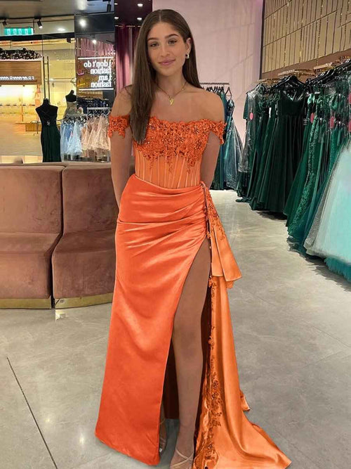 Royal Blue Off the Shoulder Satin Beaded Long Prom Dress with Appliques BMBRIDE