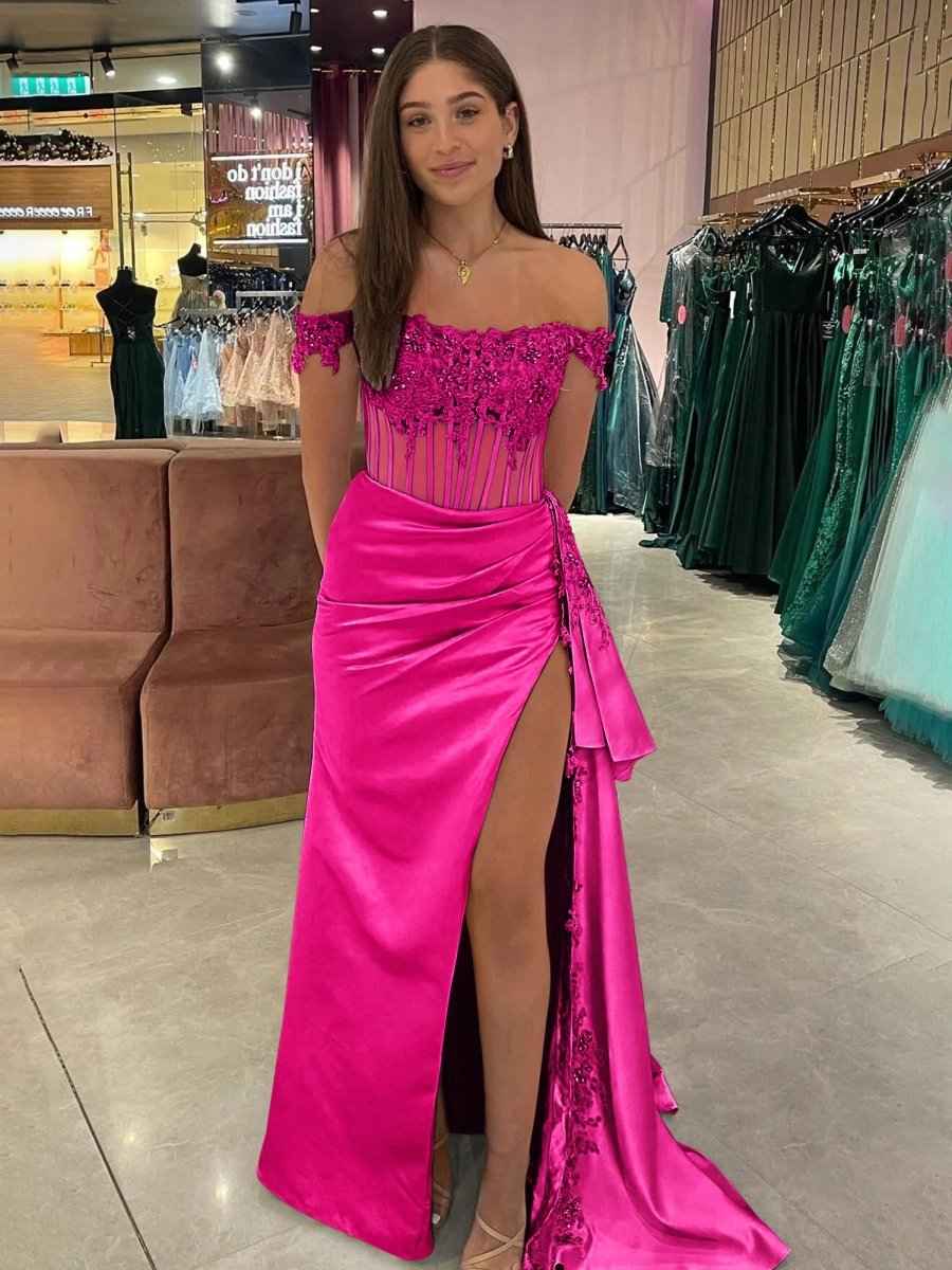Royal Blue Off the Shoulder Satin Beaded Long Prom Dress with Appliques