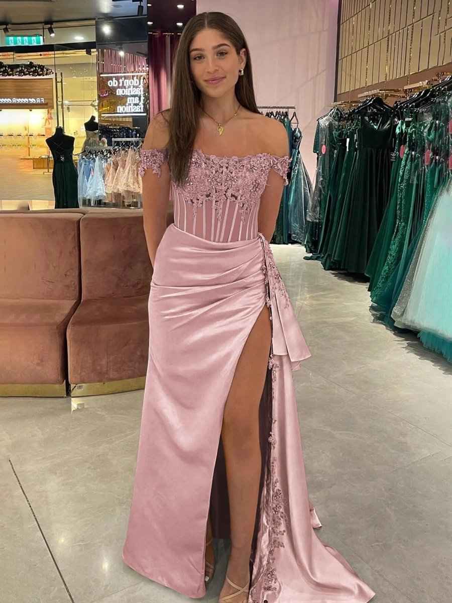 Royal Blue Off the Shoulder Satin Beaded Long Prom Dress with Appliques
