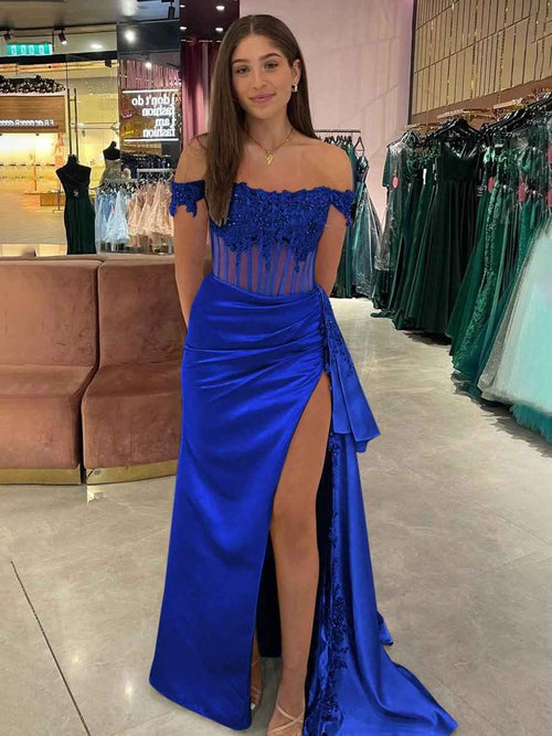Royal Blue Off the Shoulder Satin Beaded Long Prom Dress with Appliques BMBRIDE