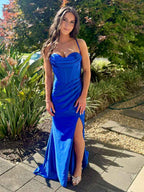 Royal Blue Satin Cowl Neckline Corset Prom Dress with High Slit BMBRIDE