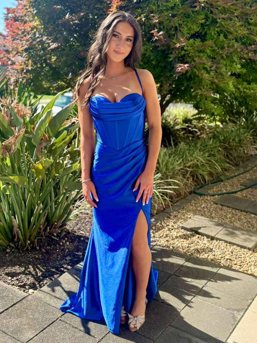 Royal Blue Satin Cowl Neckline Corset Prom Dress with High Slit BMBRIDE