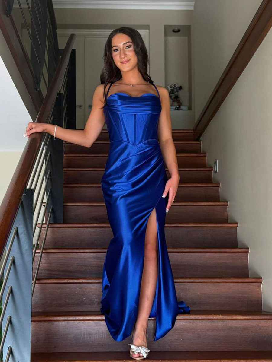 Royal Blue Satin Cowl Neckline Corset Prom Dress with High Slit BMBRIDE