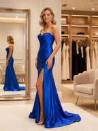 Royal Blue Satin Strapless Lace Trim Corset Prom Dress with High Slit BMBRIDE