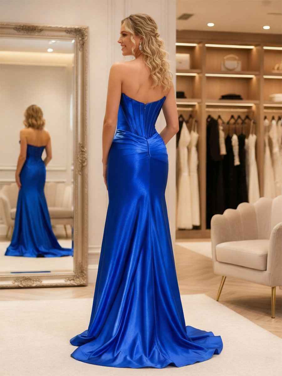 Royal Blue Satin Strapless Lace Trim Corset Prom Dress with High Slit BMBRIDE