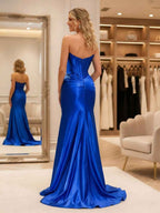 Royal Blue Satin Strapless Lace Trim Corset Prom Dress with High Slit BMBRIDE
