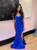 Royal Blue Strapless Cowl Neckline Corset Bodice Satin Prom Dress BMBRIDE
