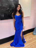 Royal Blue Strapless Cowl Neckline Corset Bodice Satin Prom Dress BMBRIDE