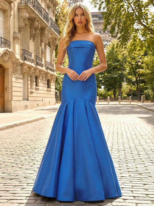 Royal Blue Strapless Pleated Satin Mermaid Prom Dress BMBRIDE