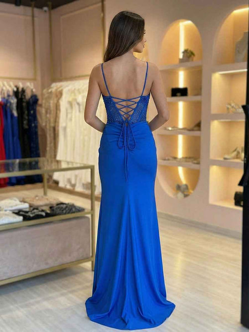 Royal Blue Sweetheart Beaded Corset Prom Dress with High Slit BMBRIDE