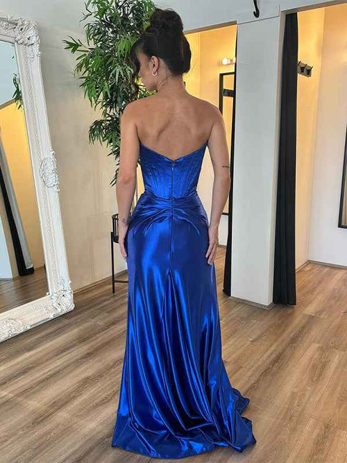 Royal Blue Mermaid Satin Strapless Long Prom Dress with Slit BMBRIDE