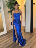 Royal Blue Mermaid Satin Strapless Long Prom Dress with Slit