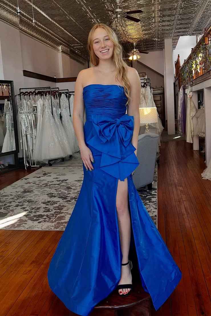Red Mermaid Strapless Bow Satin Pleated Long Prom Dress with Slit