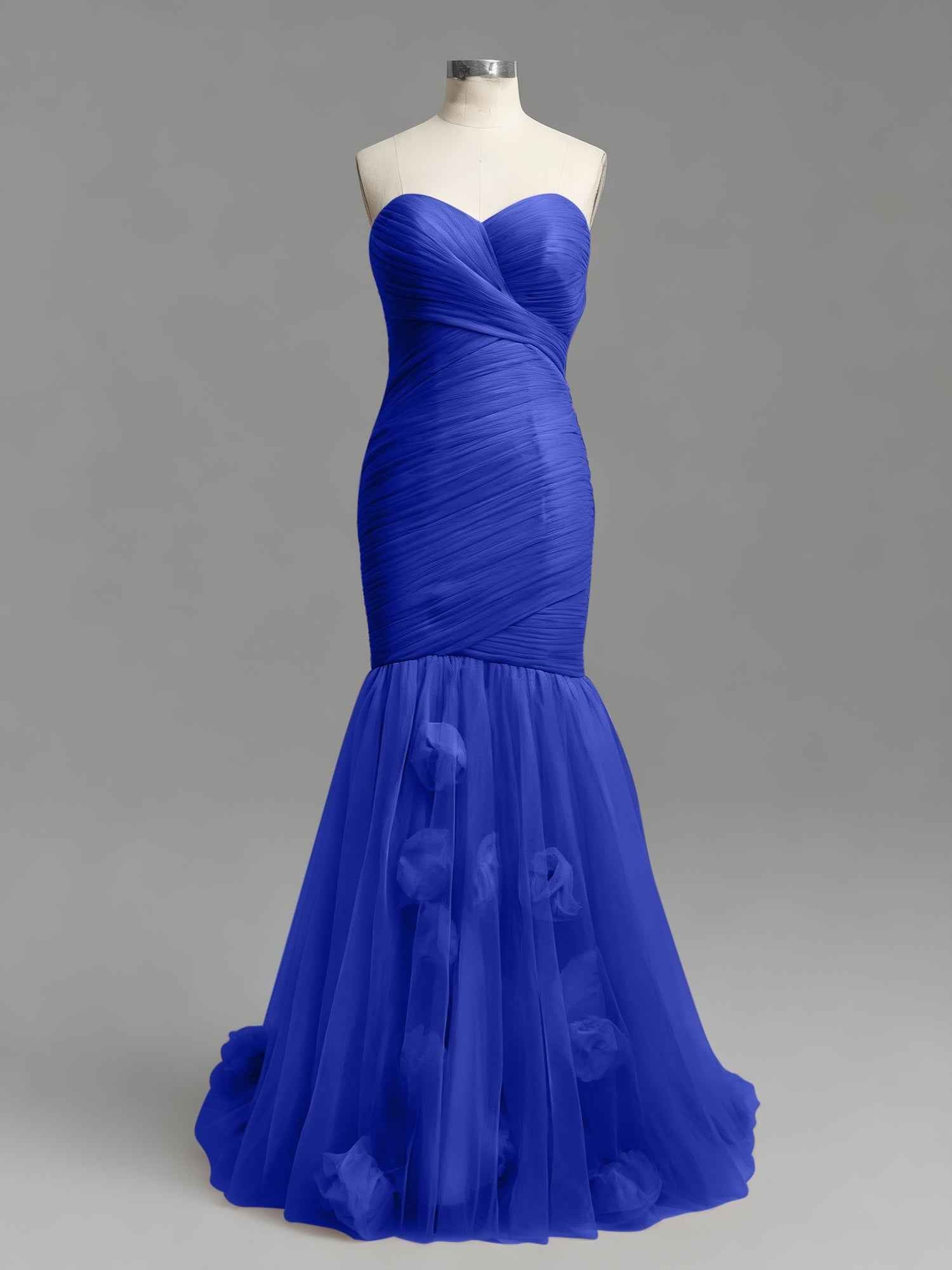 Dusty Rose Mermaid Strapless Ruched Tulle Prom Dress with 3D Floral