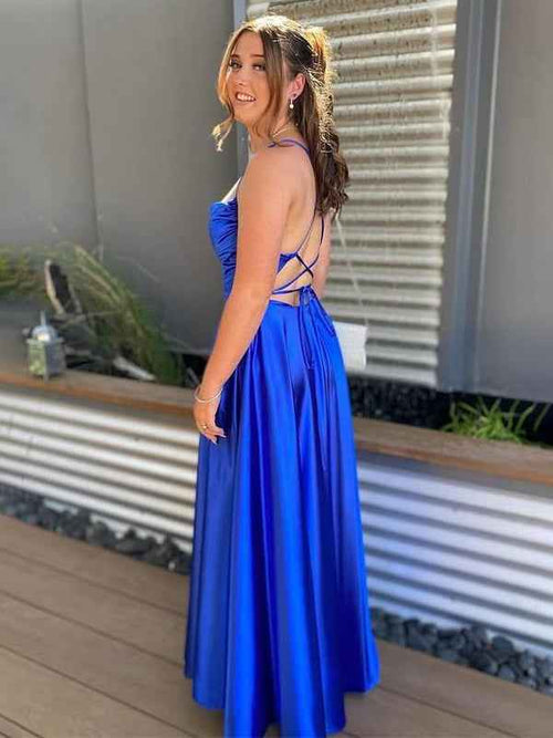 Royal Blue A-line Spaghetti Straps Cowl Neck Satin Prom Formal Dress BMBRIDE