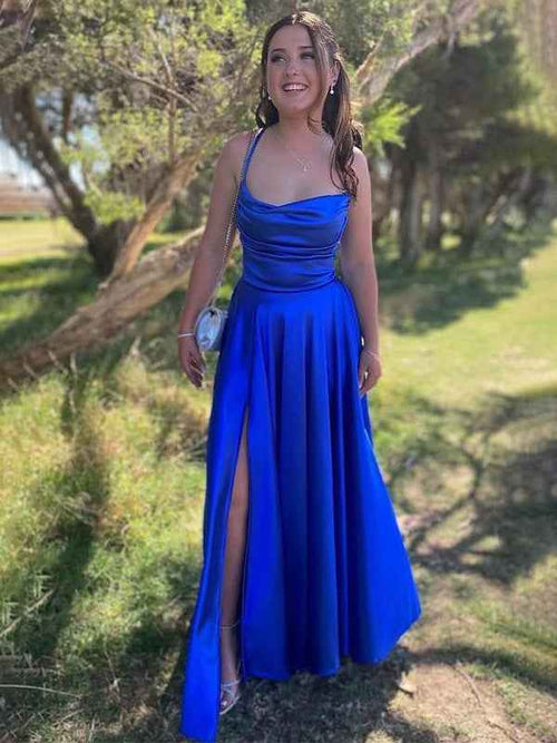 Royal Blue A-line Spaghetti Straps Cowl Neck Satin Prom Formal Dress BMBRIDE