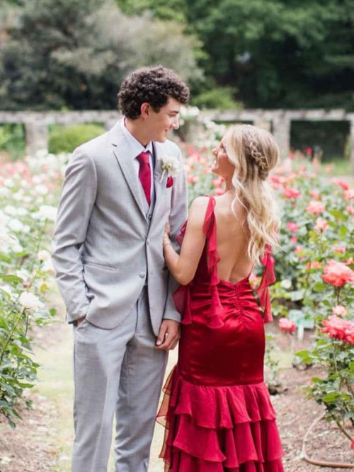 Ruffle Straps Tiered Long Prom Dress with Slit BMBRIDE