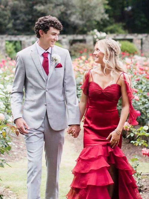 Ruffle Straps Tiered Long Prom Dress with Slit BMBRIDE