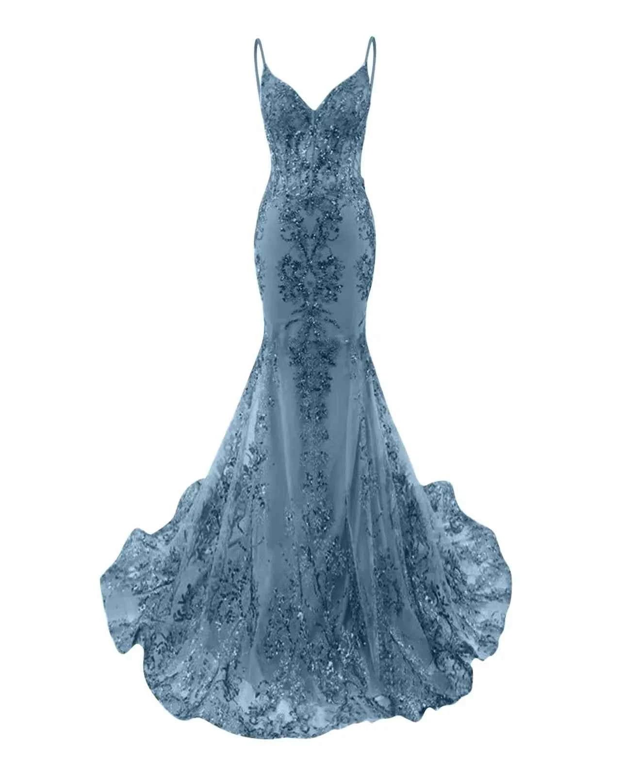 Trumpet/Mermaid Spaghetti Straps Sparkly Sequin Lace Applique Long Prom Dress