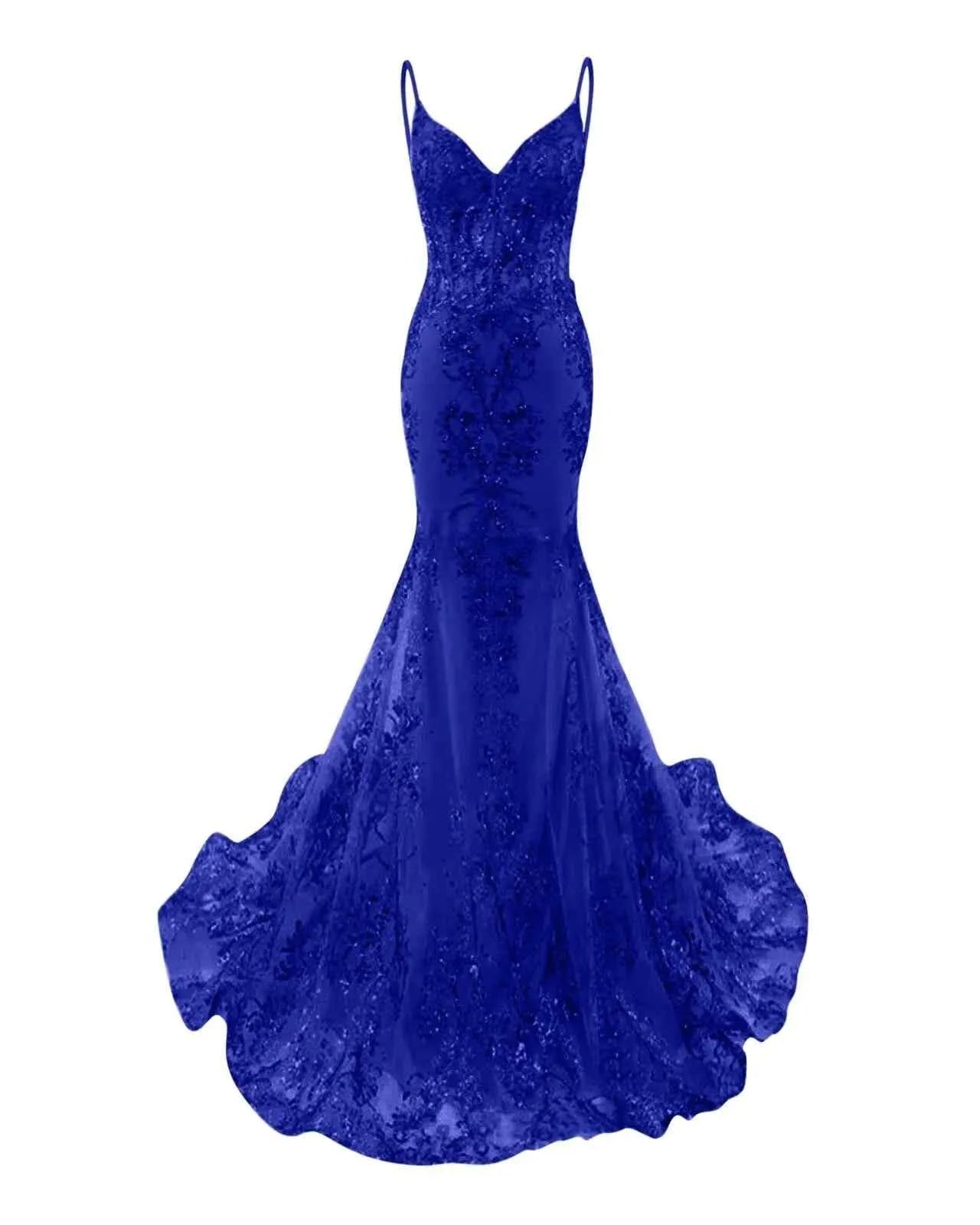 Trumpet/Mermaid Spaghetti Straps Sparkly Sequin Lace Applique Long Prom Dress