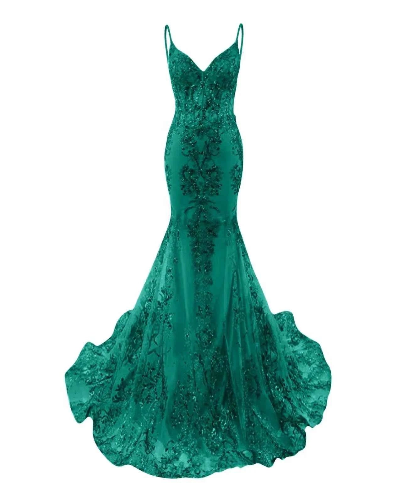 Trumpet/Mermaid Spaghetti Straps Sparkly Sequin Lace Applique Long Prom Dress