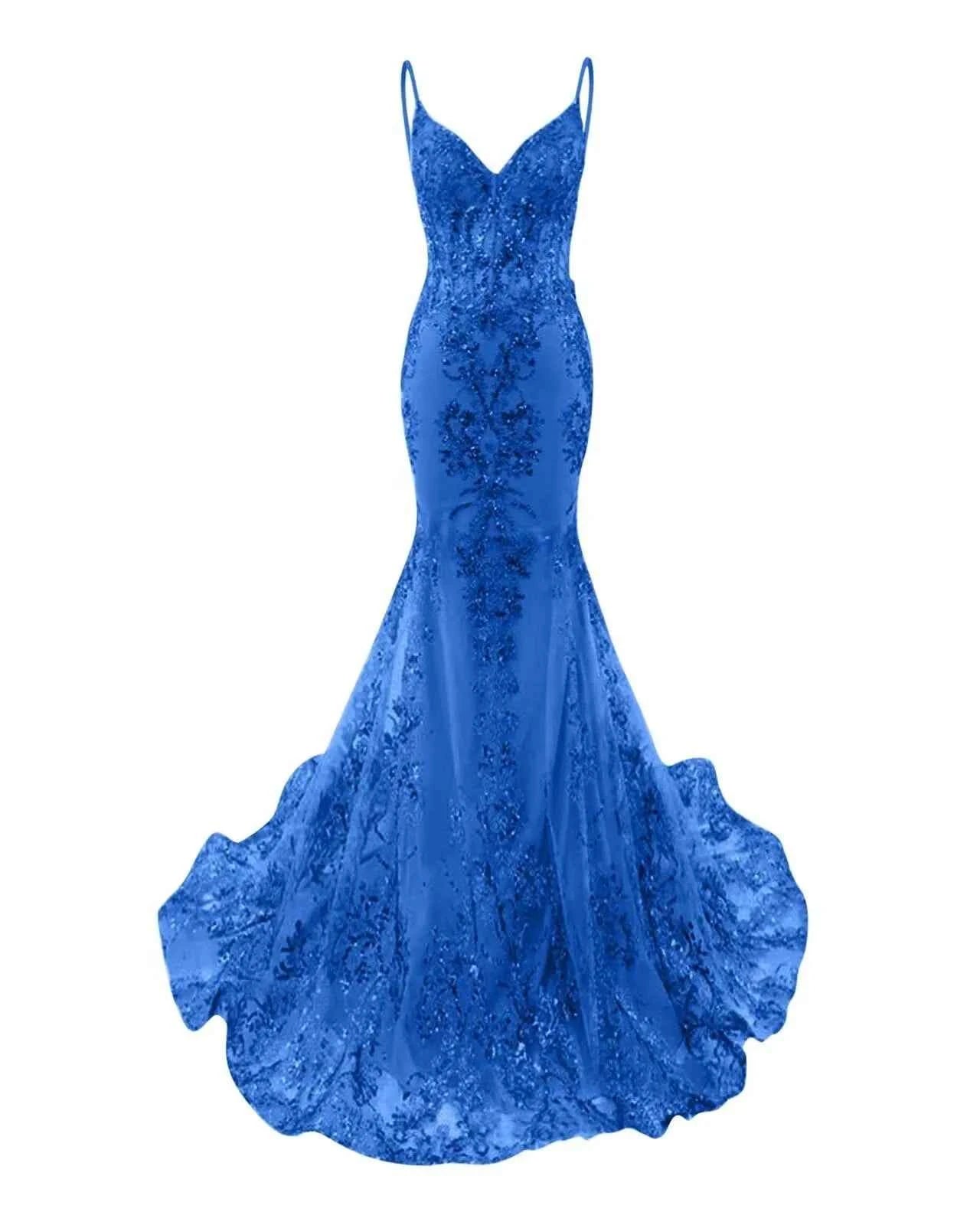 Trumpet/Mermaid Spaghetti Straps Sparkly Sequin Lace Applique Long Prom Dress