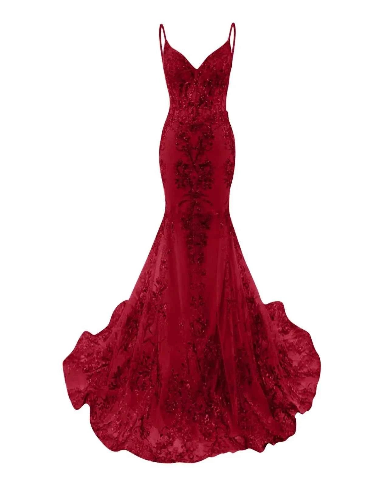 Trumpet/Mermaid Spaghetti Straps Sparkly Sequin Lace Applique Long Prom Dress