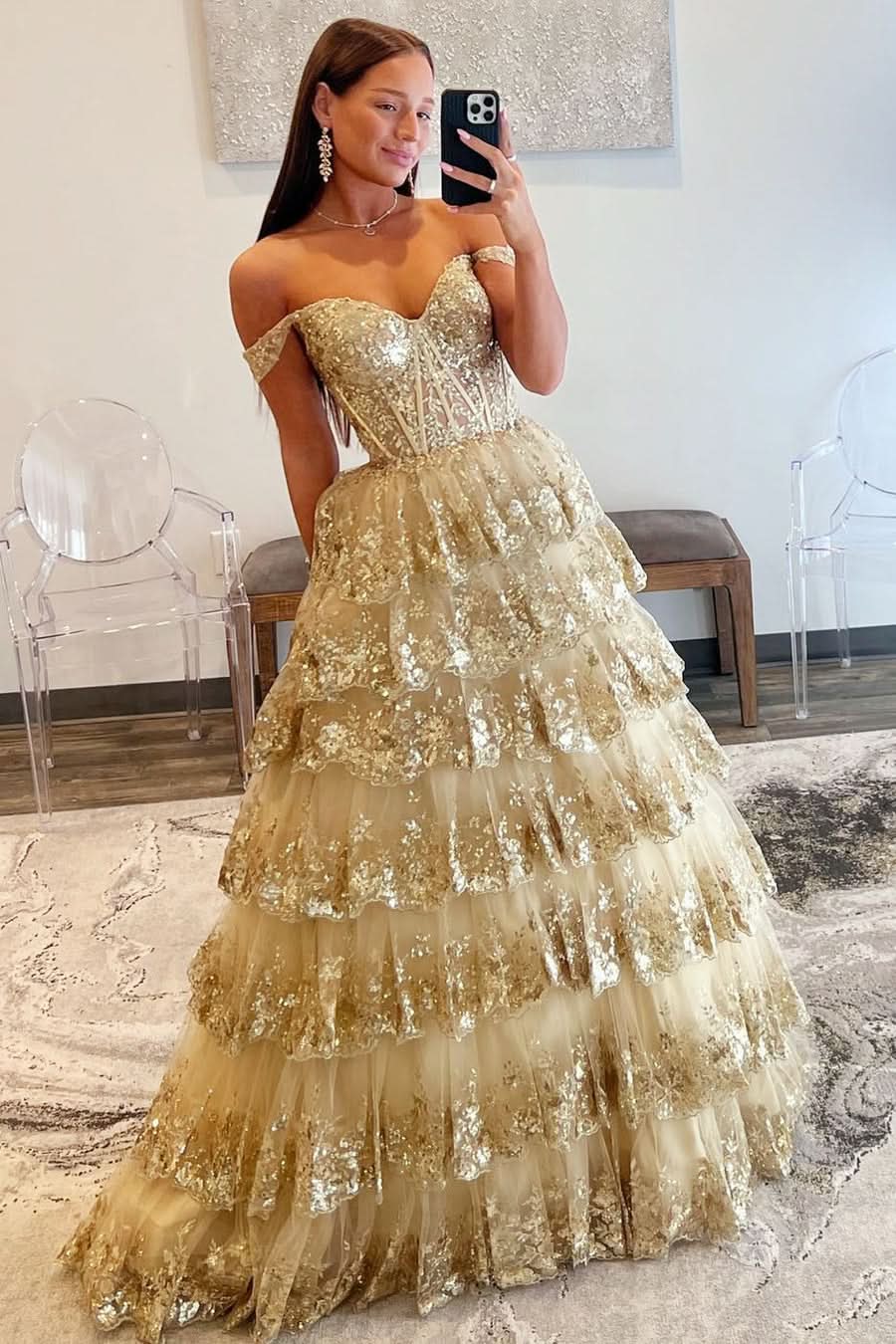 Enchanting Princess Off-the-Shoulder Sequined Lace Prom Dress BM bride