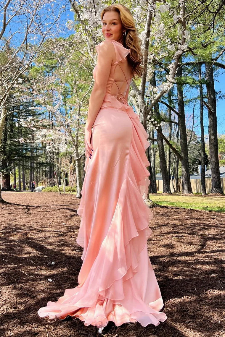 Charming Ailani Emerald Green Square Neck Ruffle Slit Prom Dress BM bride