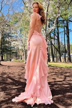 Charming Ailani Emerald Green Square Neck Ruffle Slit Prom Dress BM bride
