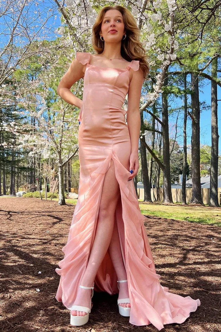 Charming Ailani Emerald Green Square Neck Ruffle Slit Prom Dress BM bride