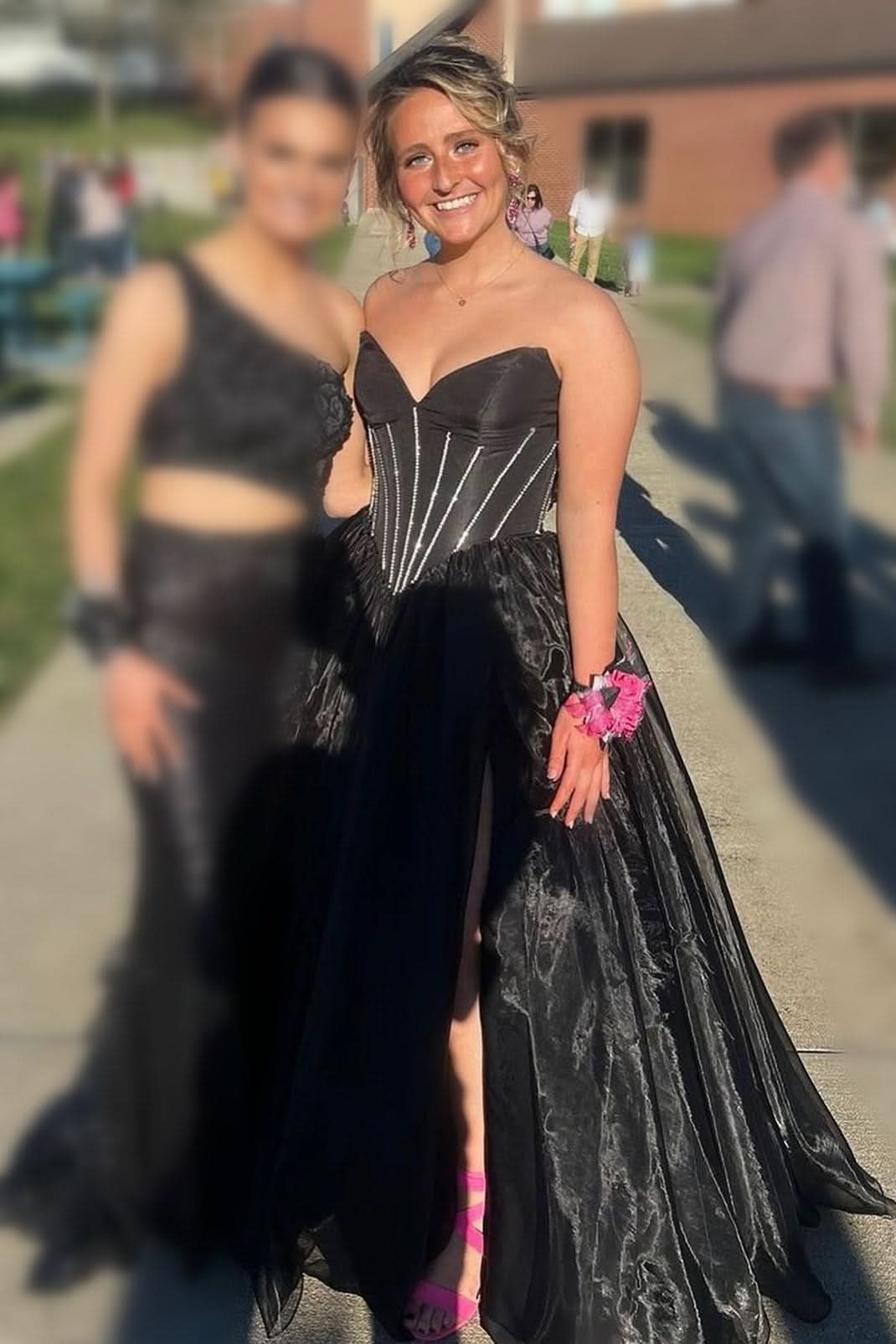 Stunning Strapless Beaded Ball Gown with Slit in Hot Pink BM bride